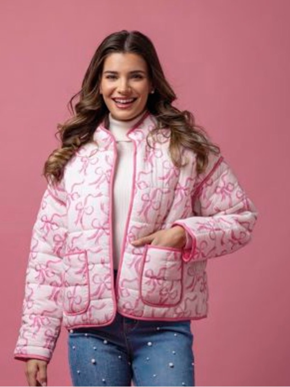 Mud Pie Pink Quilted Bow-Print Puffer Jacket